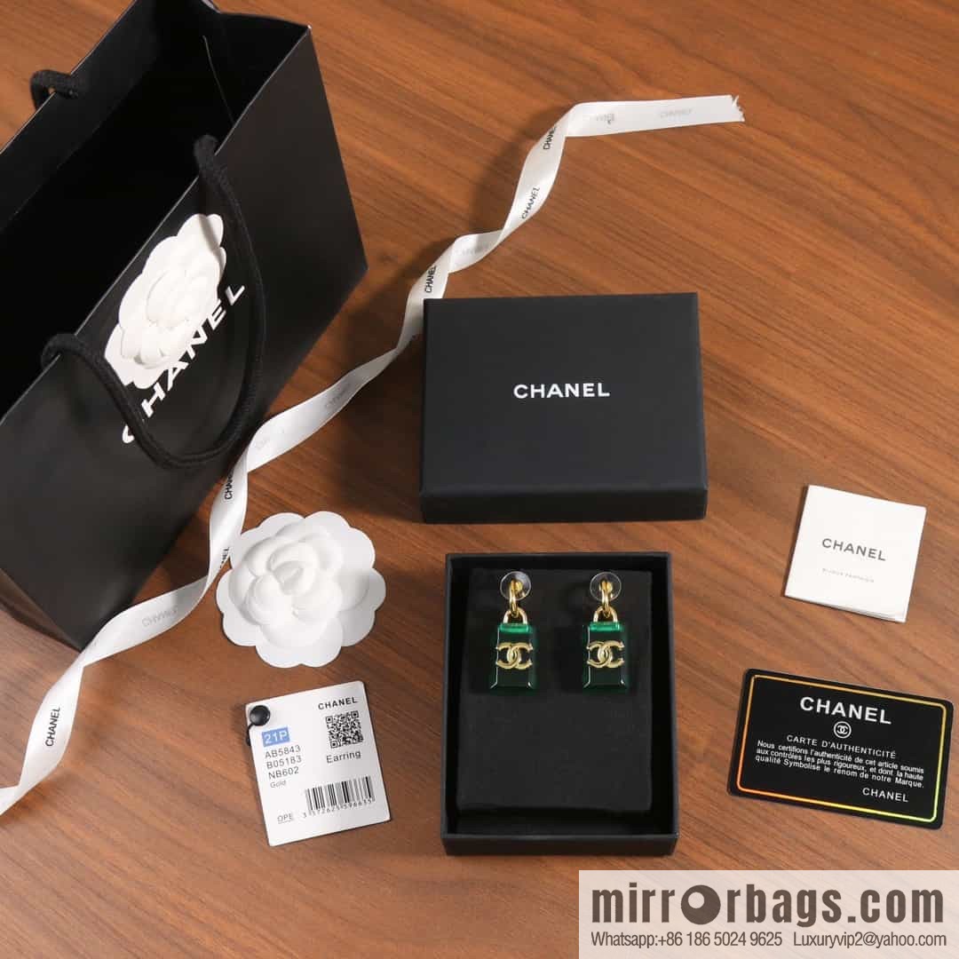 New ☑️ chanel c2 double c green square acrylic stud earrings
