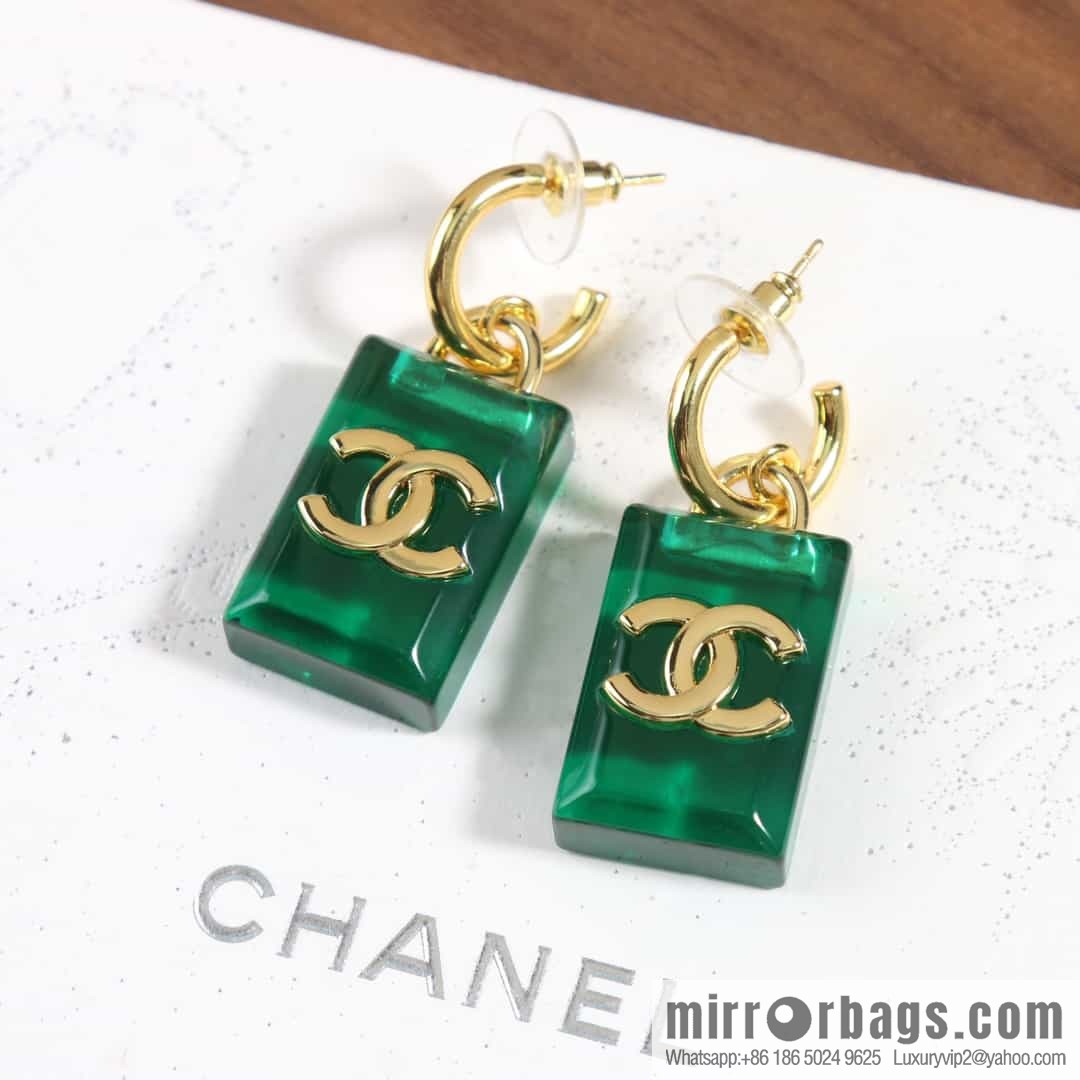 New ☑️ chanel c2 double c green square acrylic stud earrings