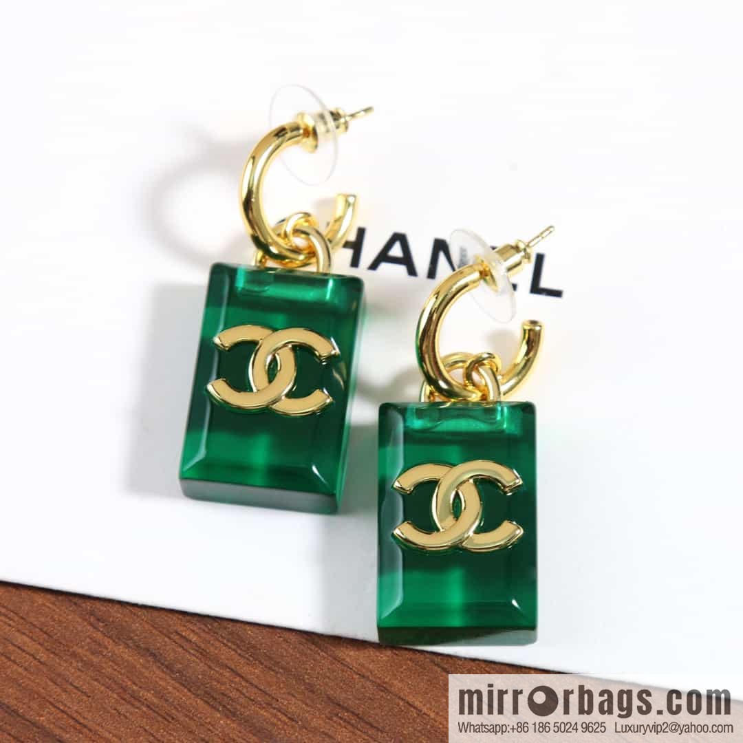 New ☑️ chanel c2 double c green square acrylic stud earrings