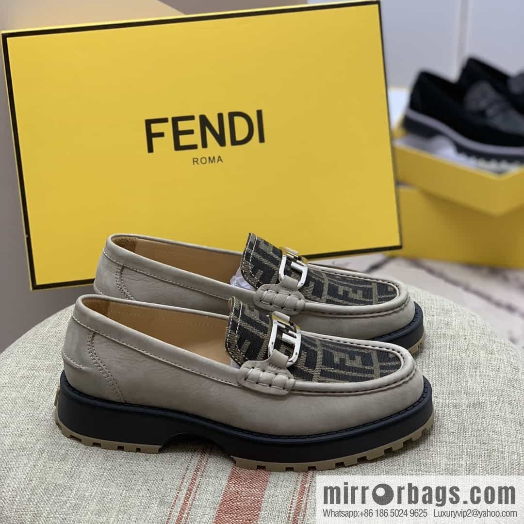 Fendi leather material. Brown and tobacco yellow FF jacquard men's loafers
