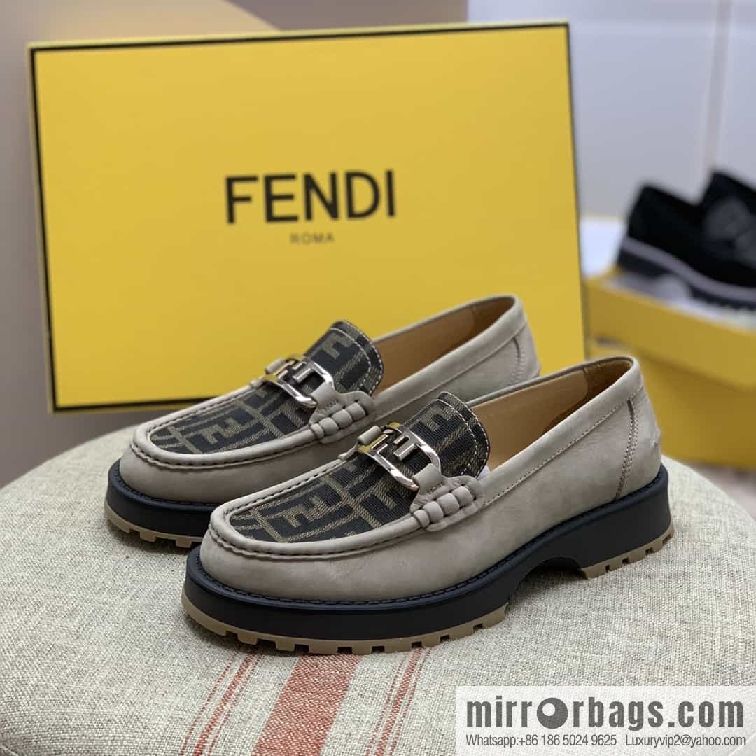 Fendi leather material. Brown and tobacco yellow FF jacquard men's loafers