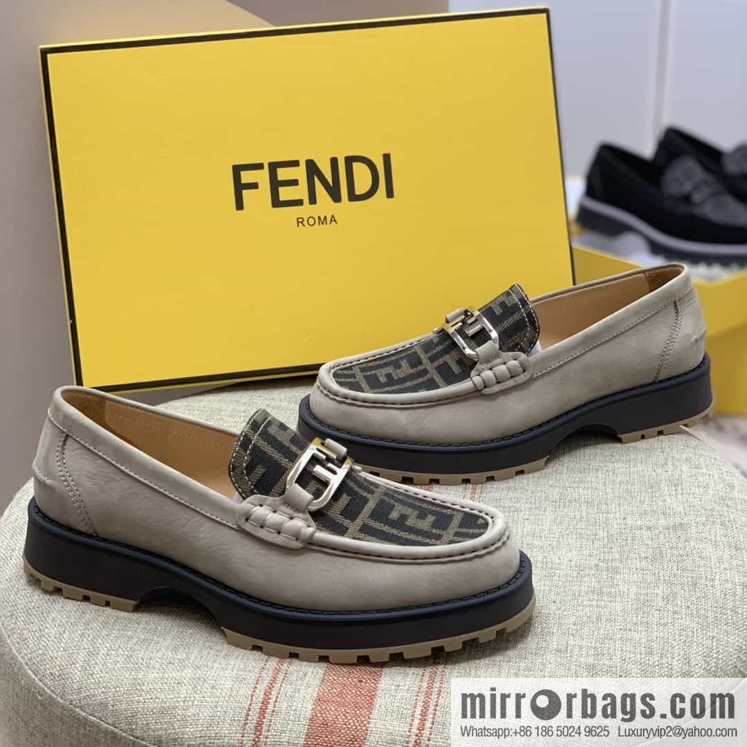 Fendi leather material. Brown and tobacco yellow FF jacquard men's loafers