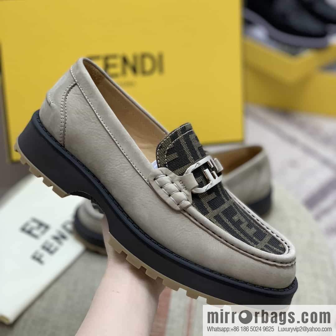 Fendi leather material. Brown and tobacco yellow FF jacquard men's loafers