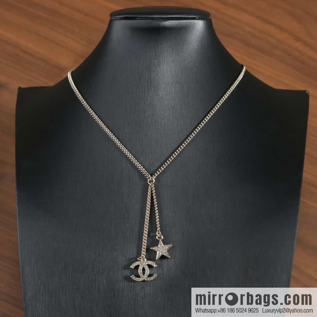 New ☑️ Chanel Full Diamond Double C Pentagram ⭐ Fringe Necklace