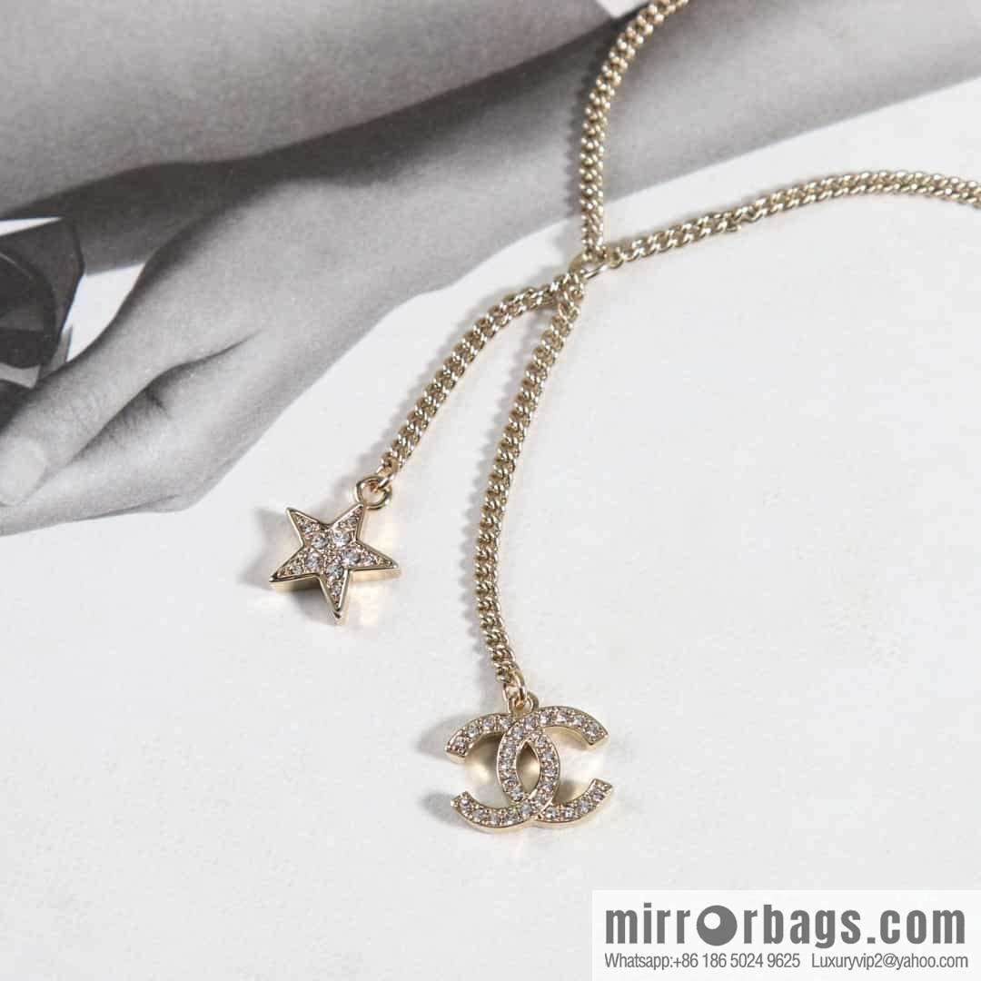 New ☑️ Chanel Full Diamond Double C Pentagram ⭐ Fringe Necklace