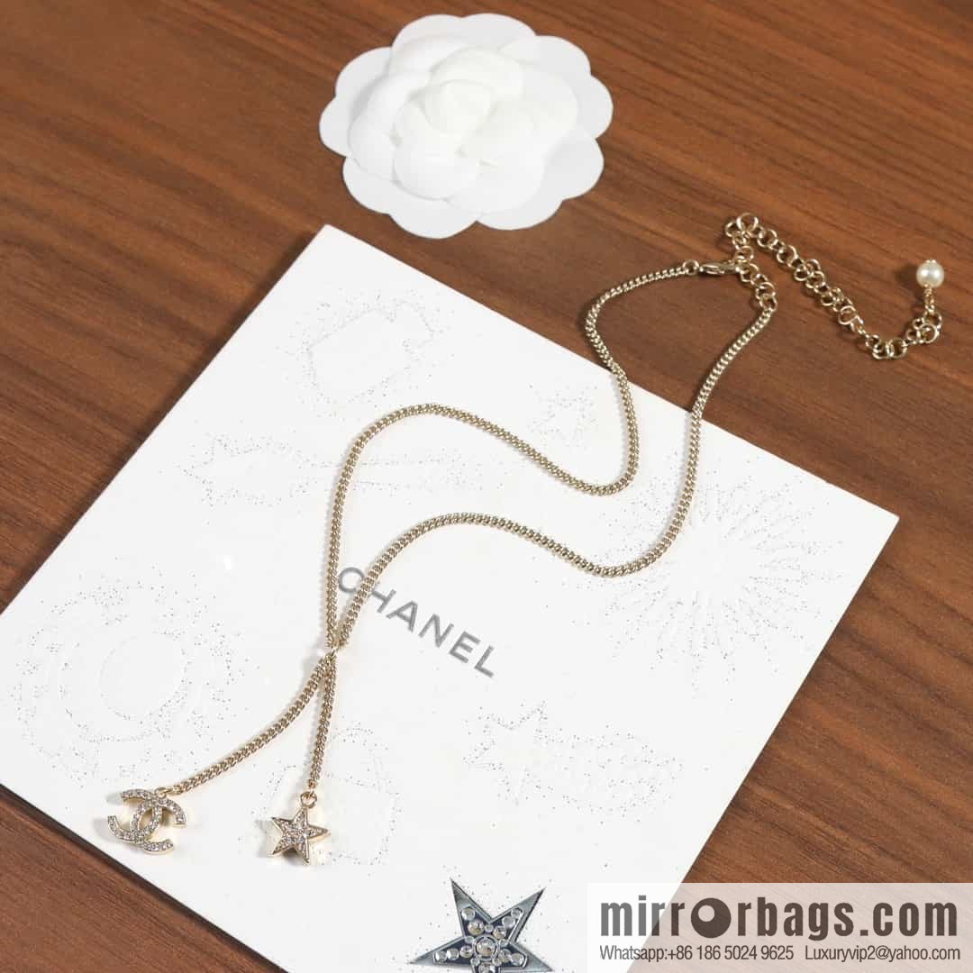 New ☑️ Chanel Full Diamond Double C Pentagram ⭐ Fringe Necklace