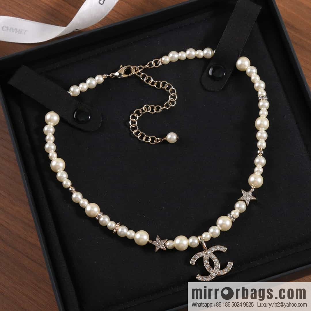 New ☑️ Chanel Full Diamond Double C Pentagram ⭐ Pearl Necklace Necklace