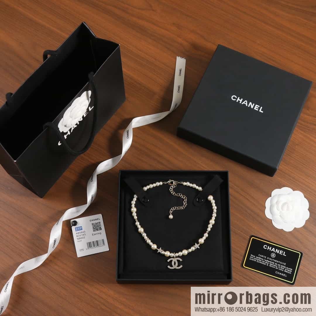 New ☑️ Chanel Full Diamond Double C Pentagram ⭐ Pearl Necklace Necklace