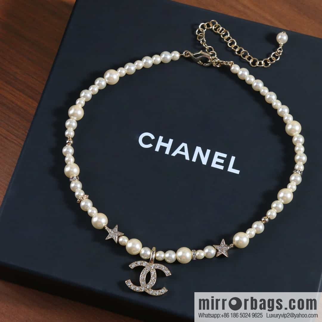 New ☑️ Chanel Full Diamond Double C Pentagram ⭐ Pearl Necklace Necklace