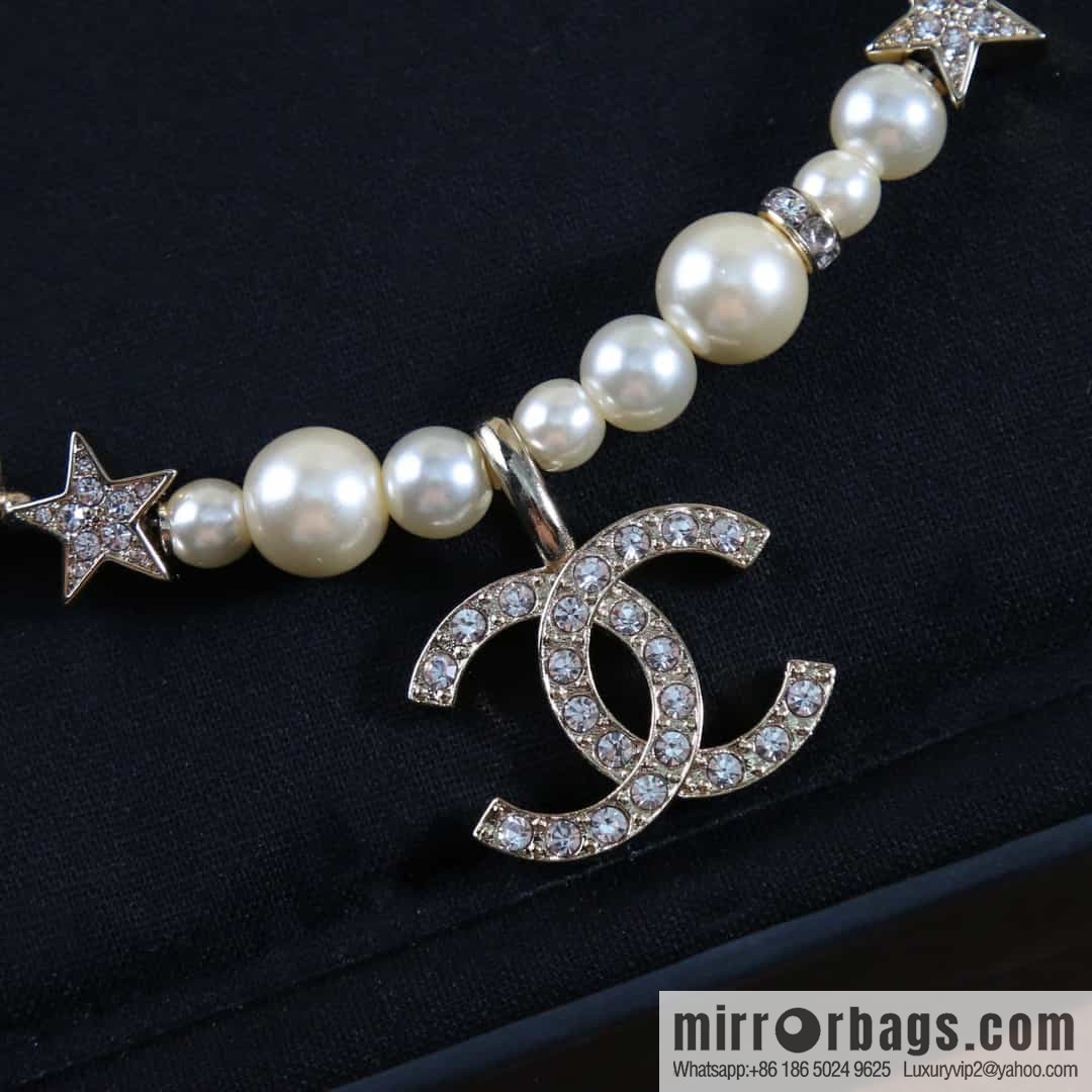 New ☑️ Chanel Full Diamond Double C Pentagram ⭐ Pearl Necklace Necklace