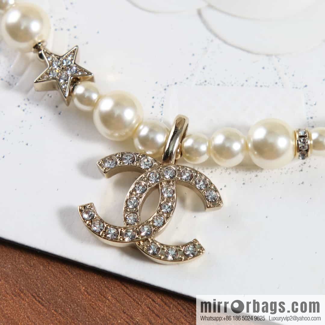 New ☑️ Chanel Full Diamond Double C Pentagram ⭐ Pearl Necklace Necklace