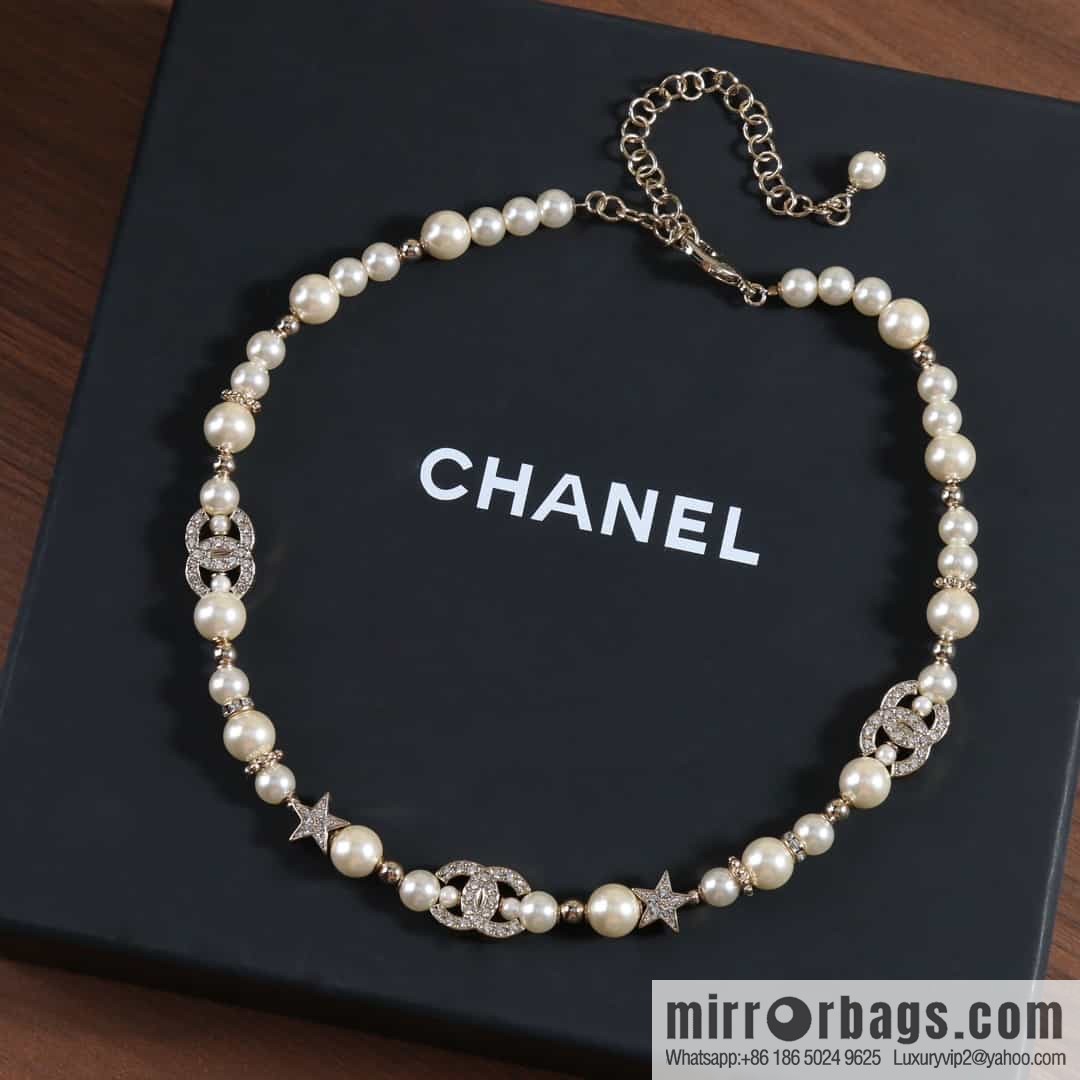 New ☑️ Chanel Full Diamond Double C Pentagram ⭐ Pearl Necklace Necklace