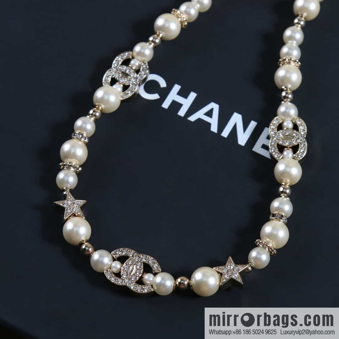 New ☑️ Chanel Full Diamond Double C Pentagram ⭐ Pearl Necklace Necklace