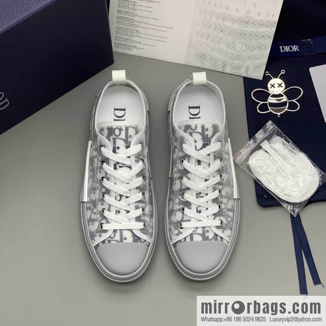 Dior Unisex low-top shoes with clear mesh fabric inserts and grey Oblique printed canvas