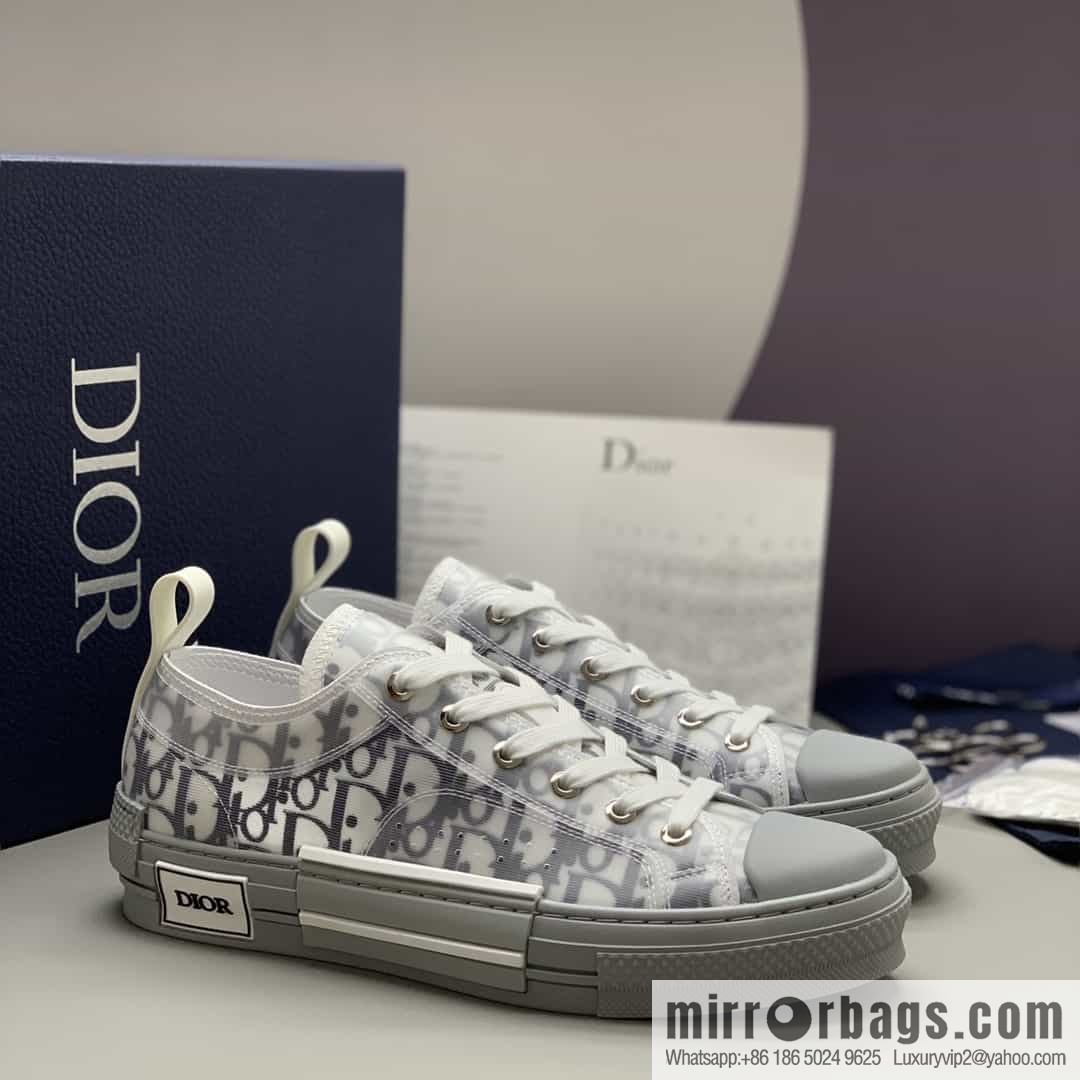 Dior Unisex low-top shoes with clear mesh fabric inserts and grey Oblique printed canvas