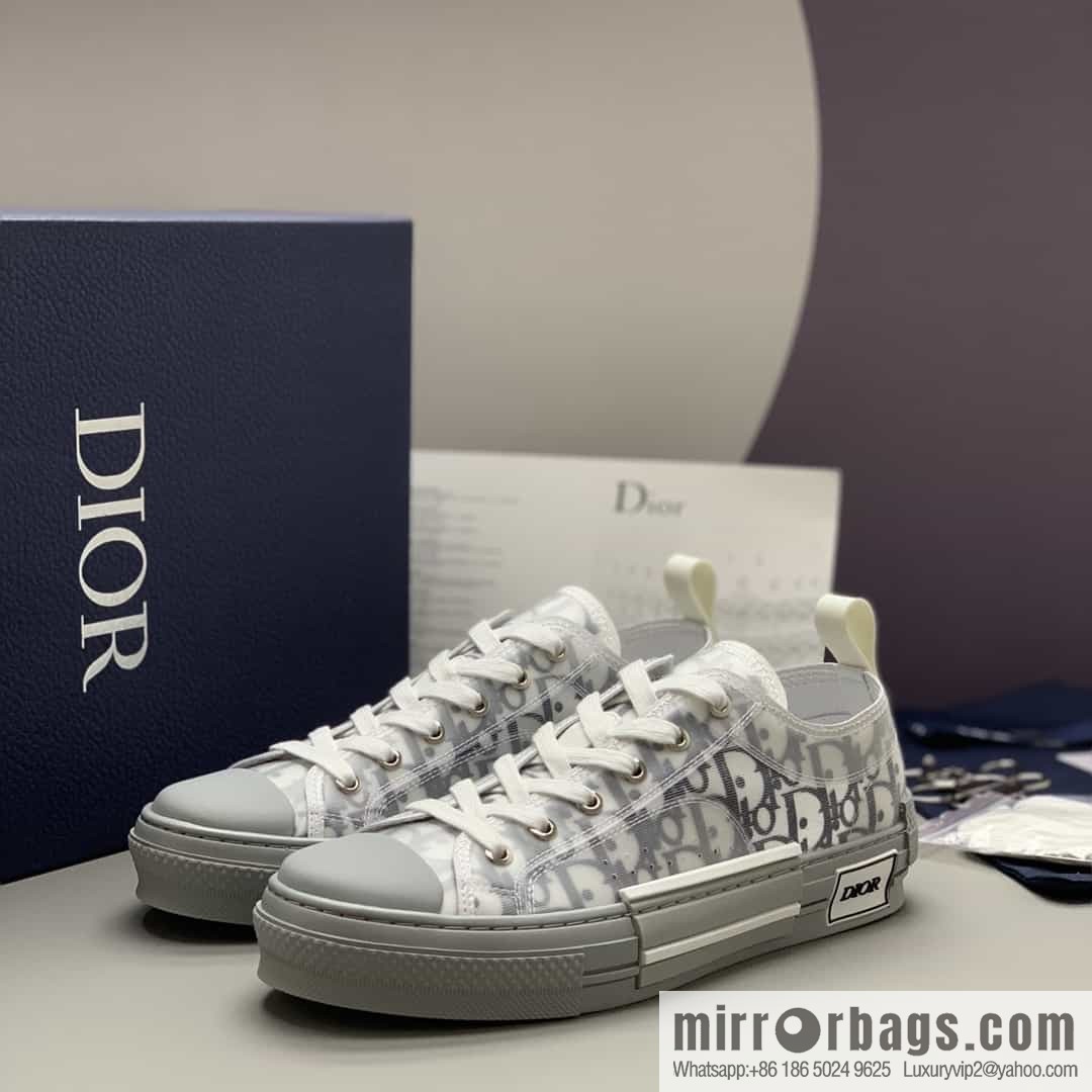 Dior Unisex low-top shoes with clear mesh fabric inserts and grey Oblique printed canvas