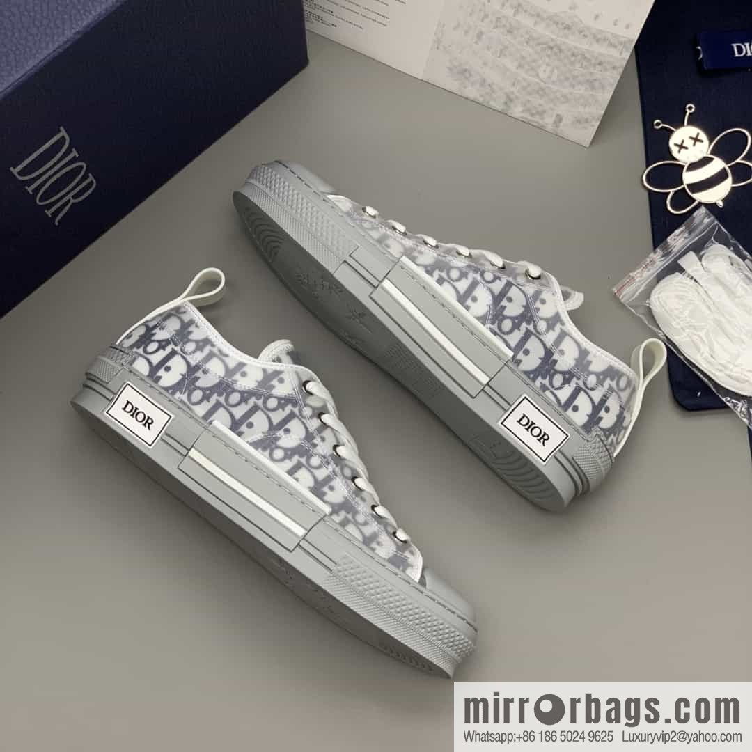 Dior Unisex low-top shoes with clear mesh fabric inserts and grey Oblique printed canvas