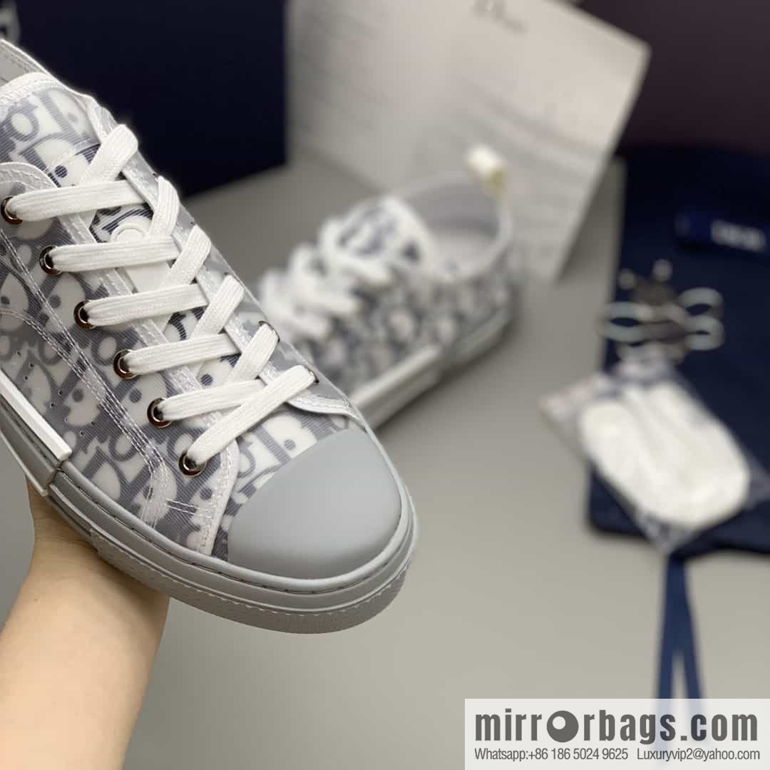 Dior Unisex low-top shoes with clear mesh fabric inserts and grey Oblique printed canvas