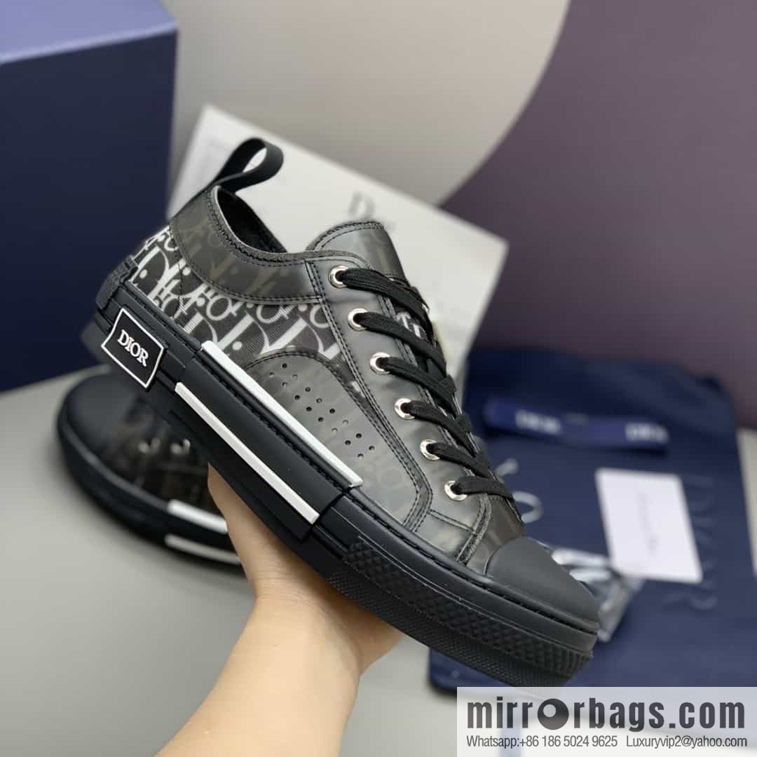 Dior Unisex low-top shoes with clear mesh fabric inserts and grey Oblique printed canvas