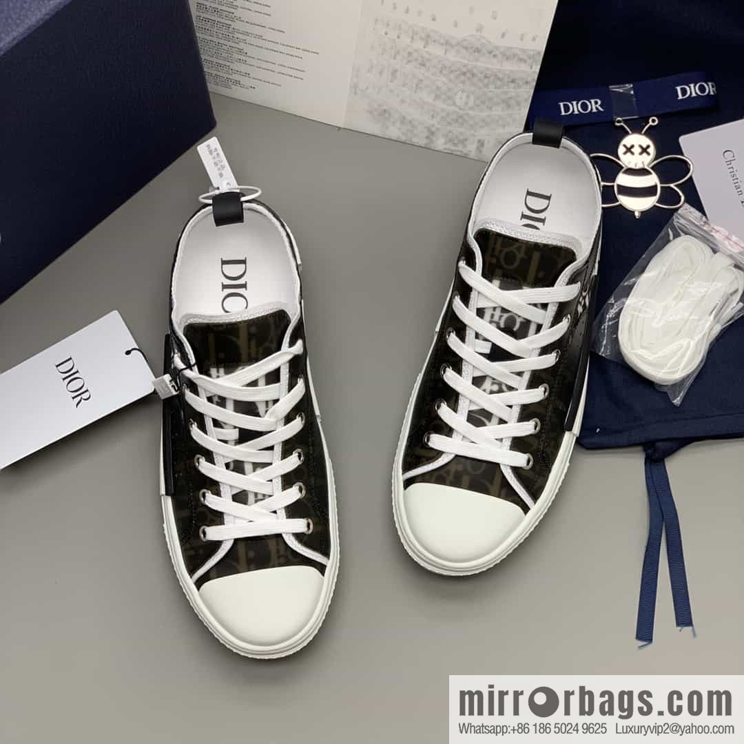 Dior Unisex low-top shoes with clear mesh fabric inserts and grey Oblique printed canvas