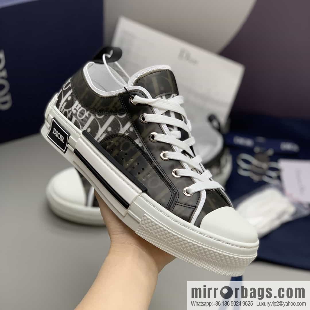 Dior Unisex low-top shoes with clear mesh fabric inserts and grey Oblique printed canvas