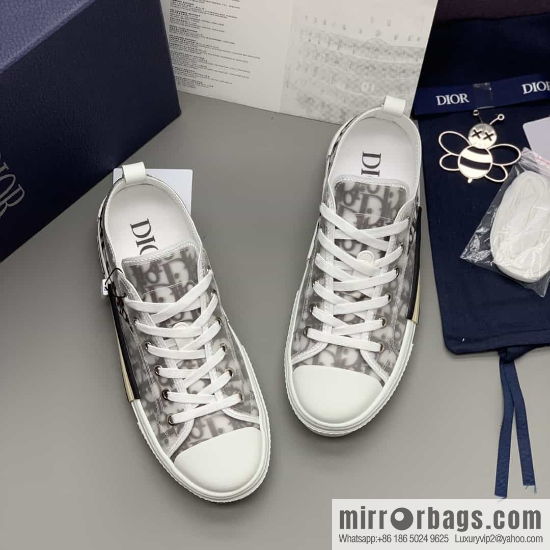 Dior Unisex low-top shoes with clear mesh fabric inserts and grey Oblique printed canvas