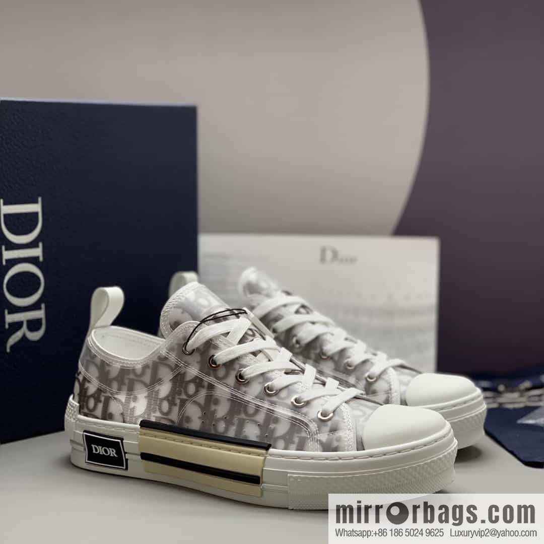 Dior Unisex low-top shoes with clear mesh fabric inserts and grey Oblique printed canvas