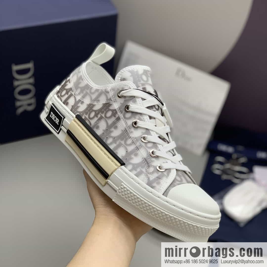 Dior Unisex low-top shoes with clear mesh fabric inserts and grey Oblique printed canvas