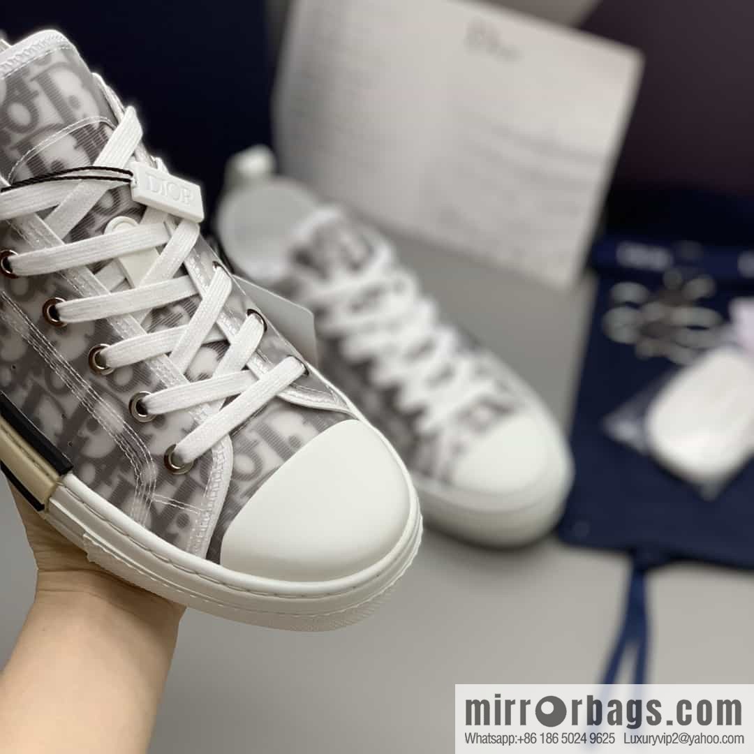 Dior Unisex low-top shoes with clear mesh fabric inserts and grey Oblique printed canvas