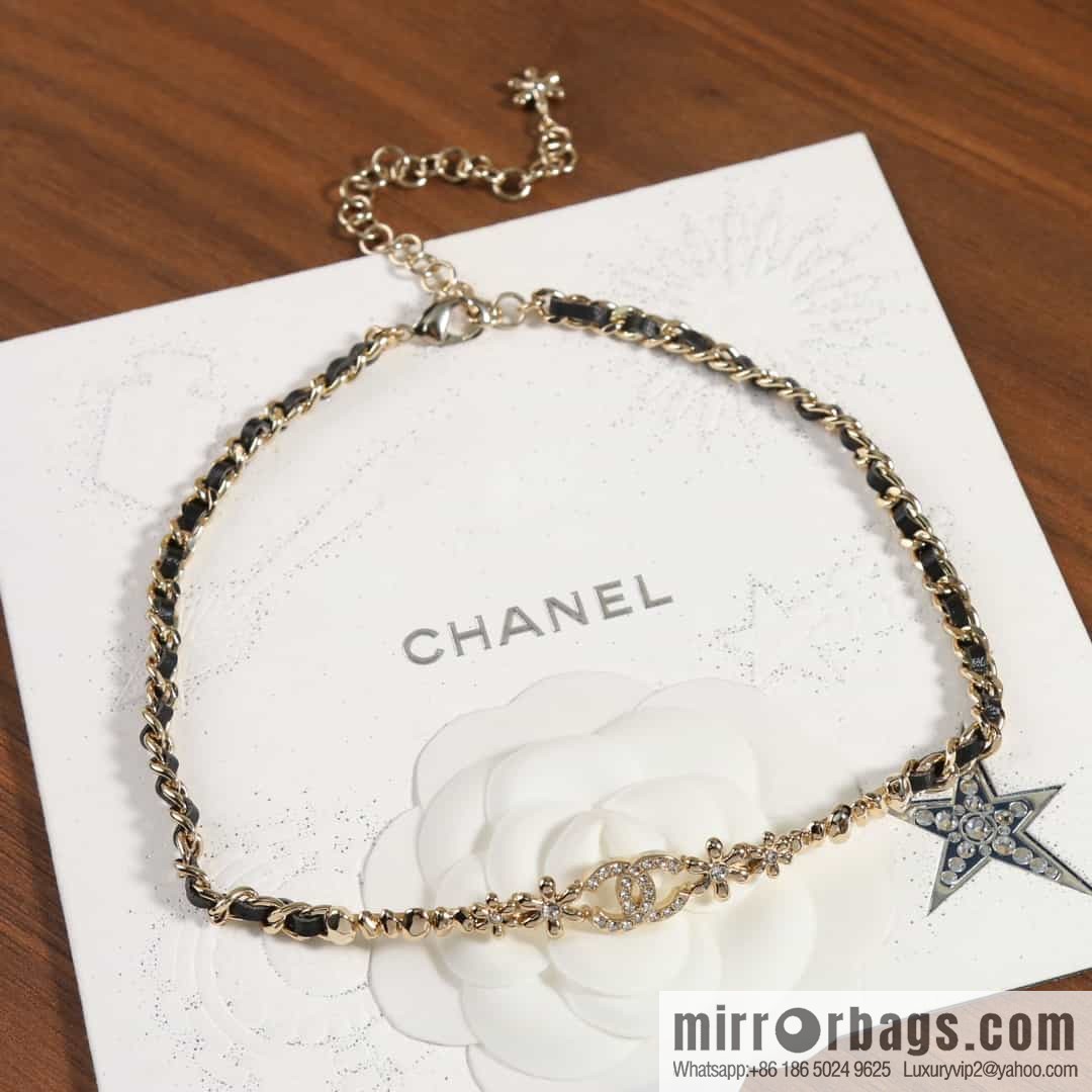 New ☑️ Chanel Double C Square Flower Black Leather Rope Necklace Necklace