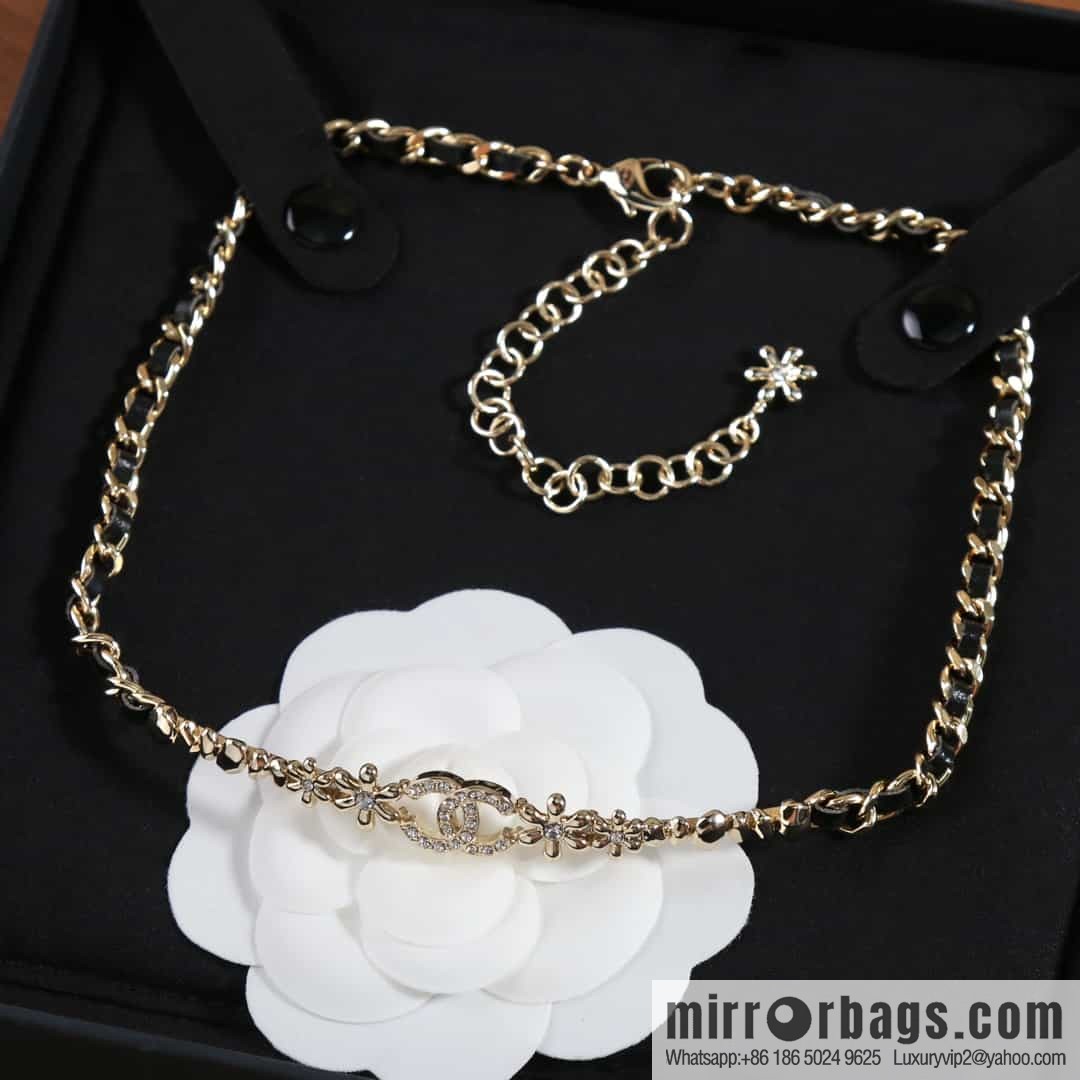 New ☑️ Chanel Double C Square Flower Black Leather Rope Necklace Necklace