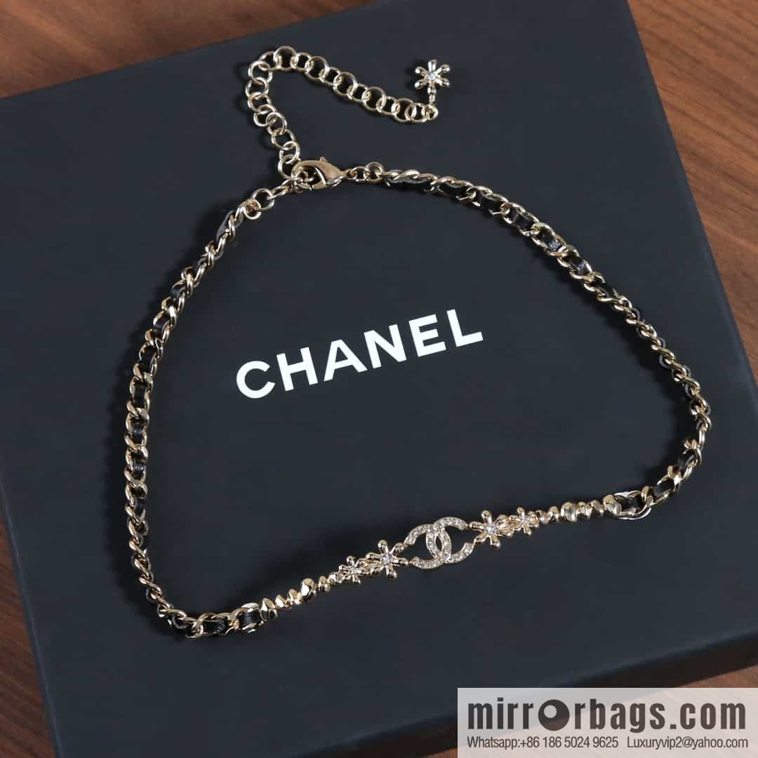 New ☑️ Chanel Double C Square Flower Black Leather Rope Necklace Necklace