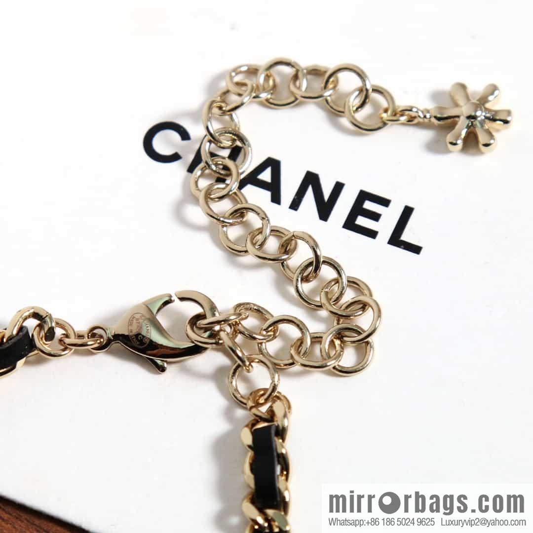 New ☑️ Chanel Double C Square Flower Black Leather Rope Necklace Necklace