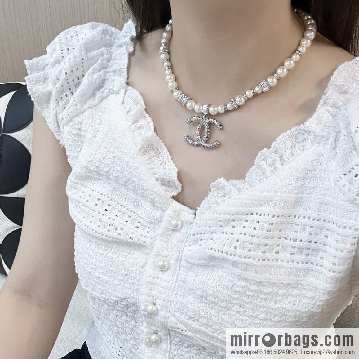 New ☑️ Chanel Full Diamond Double C Pearl Necklace