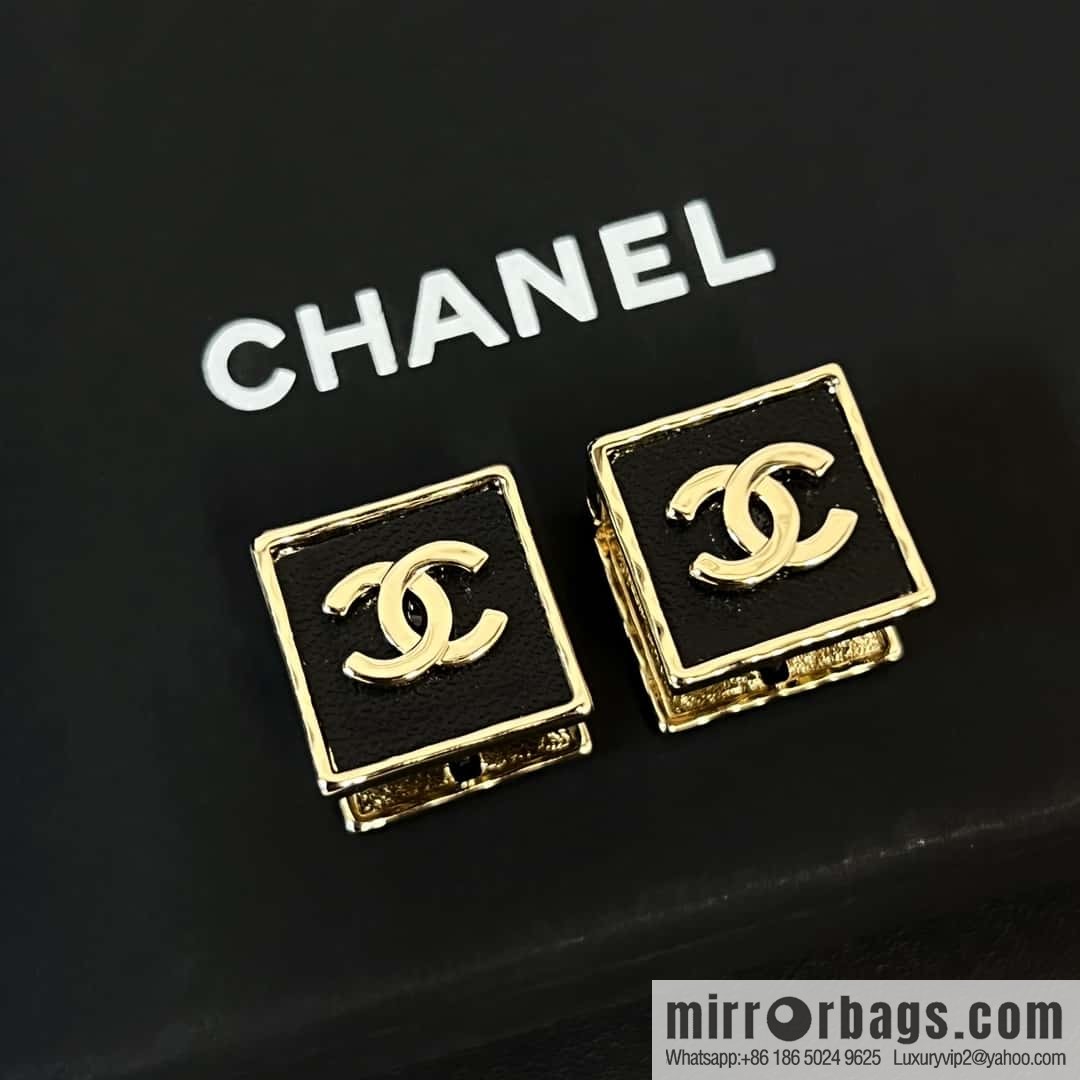 New ☑️ Chanel double c square black leather stud earrings