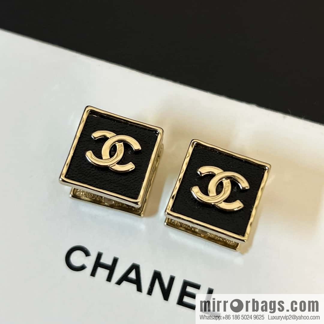 New ☑️ Chanel double c square black leather stud earrings