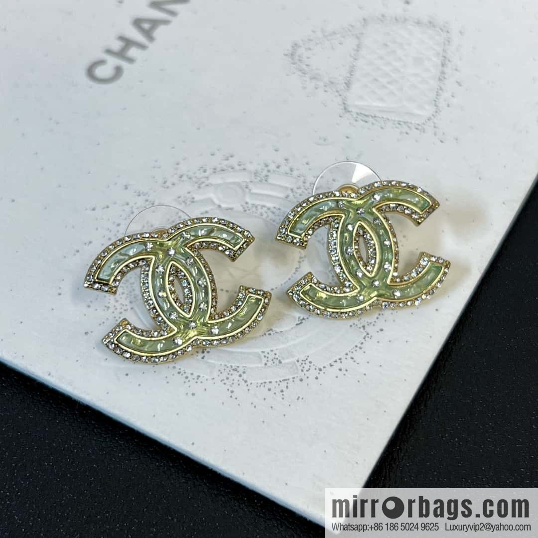 New ☑️ Chanel c1 double c with drill green acrylic stud earrings
