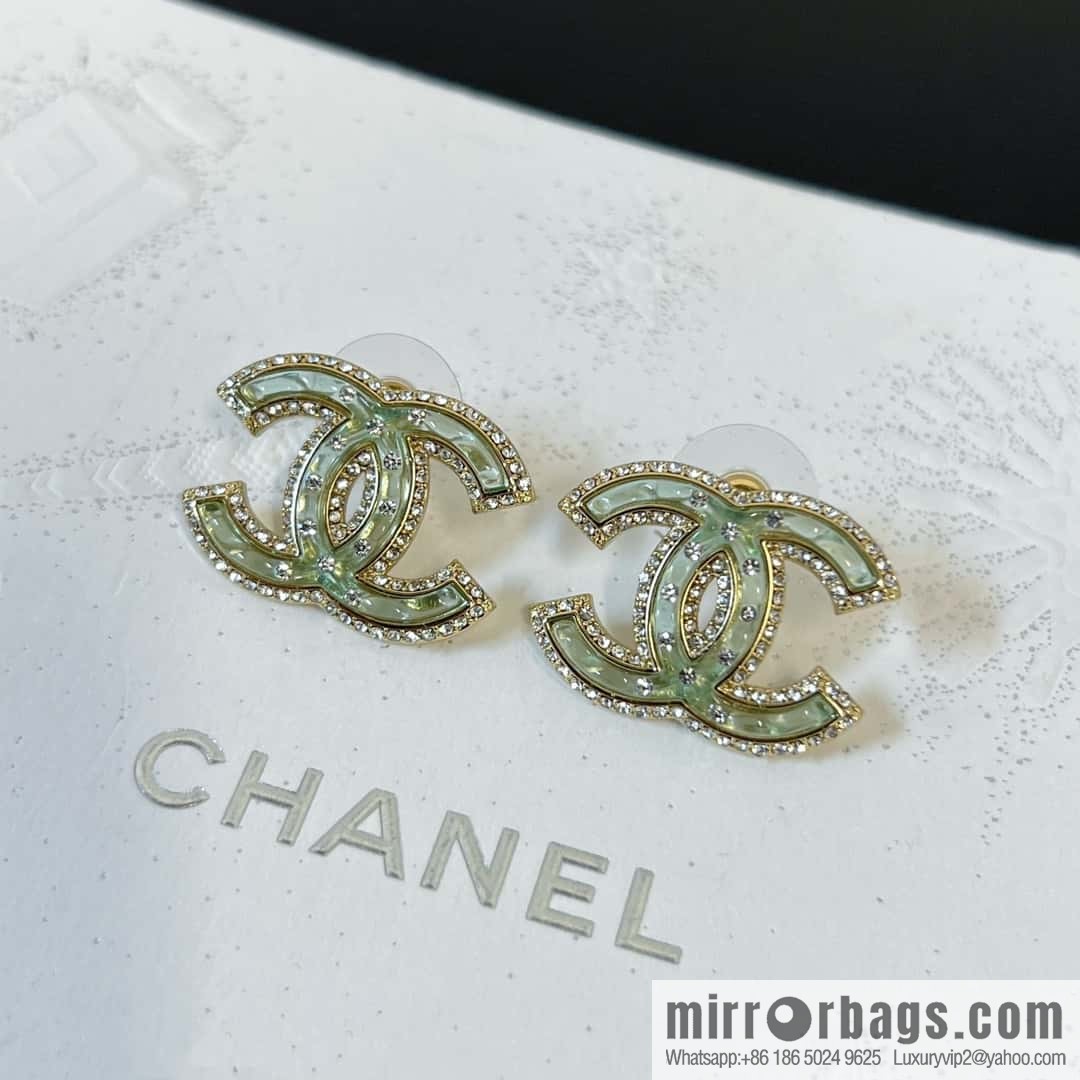 New ☑️ Chanel c1 double c with drill green acrylic stud earrings