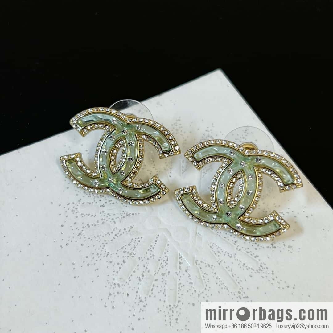 New ☑️ Chanel c1 double c with drill green acrylic stud earrings