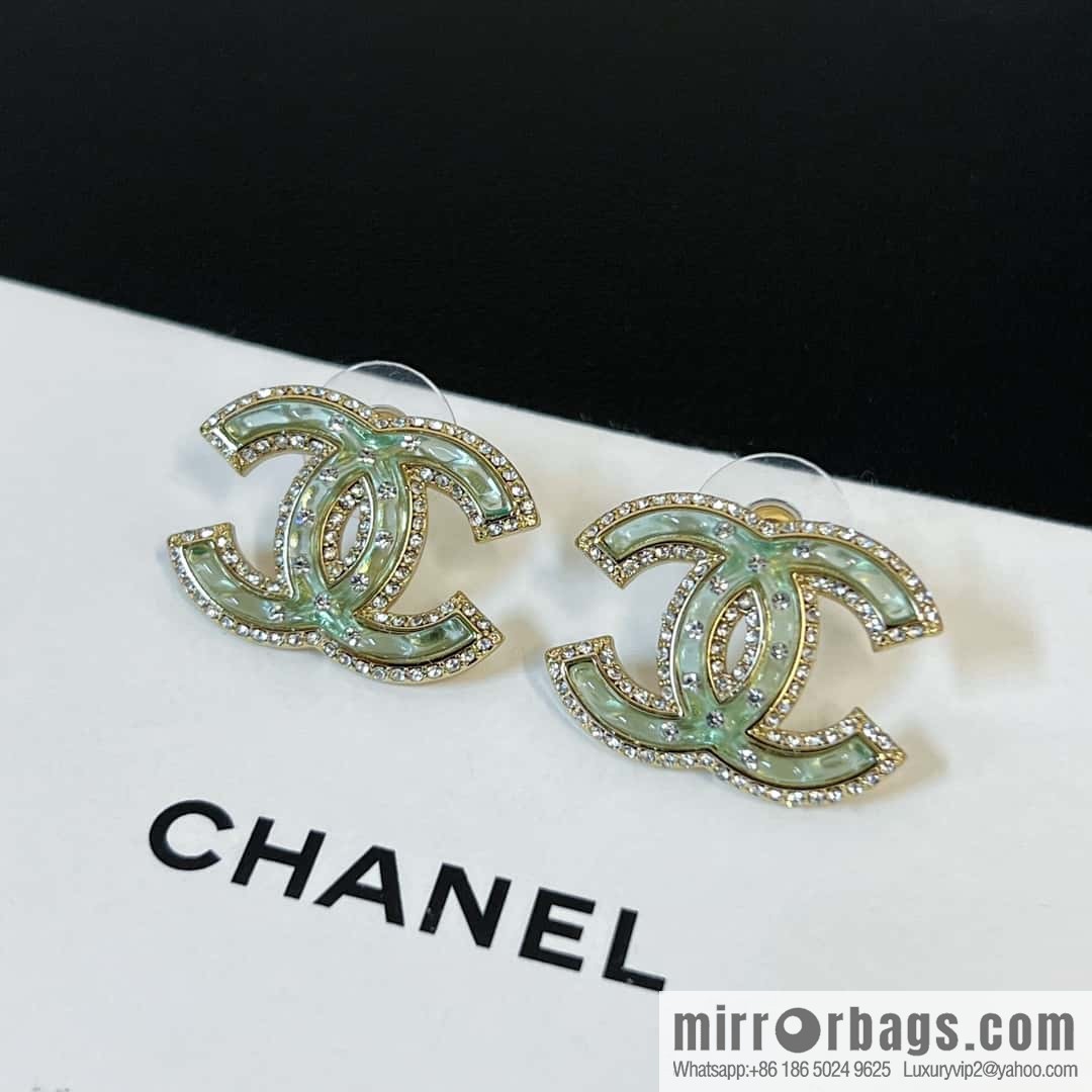 New ☑️ Chanel c1 double c with drill green acrylic stud earrings