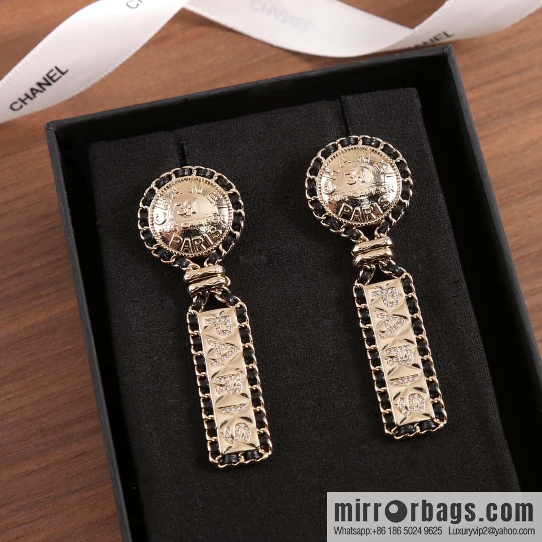 New ☑️ Chanel C2 black leather rope ancient coin stud earrings
