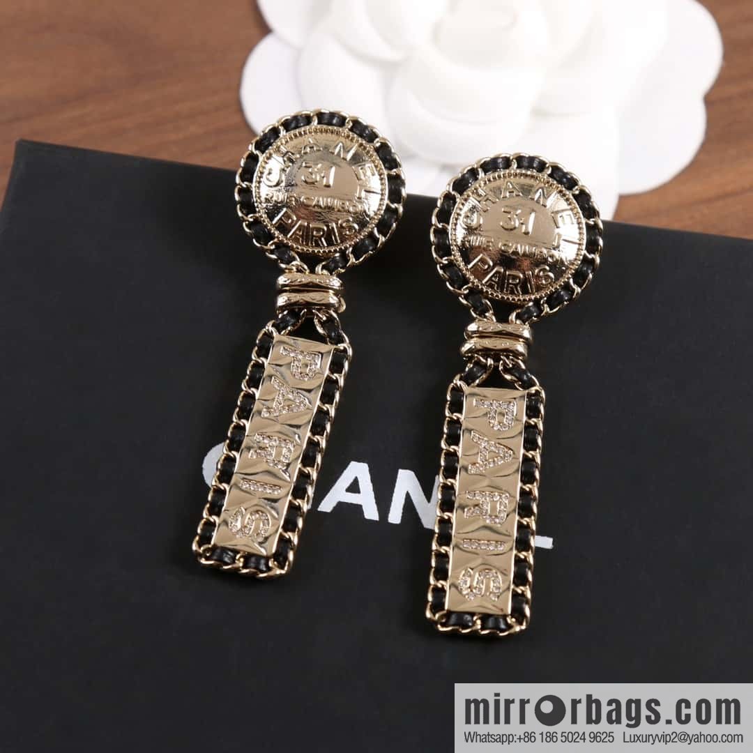 New ☑️ Chanel C2 black leather rope ancient coin stud earrings