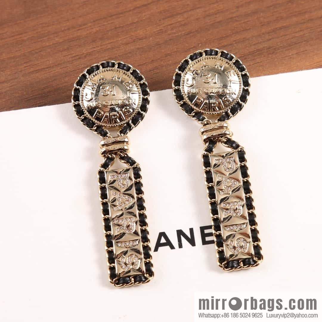New ☑️ Chanel C2 black leather rope ancient coin stud earrings