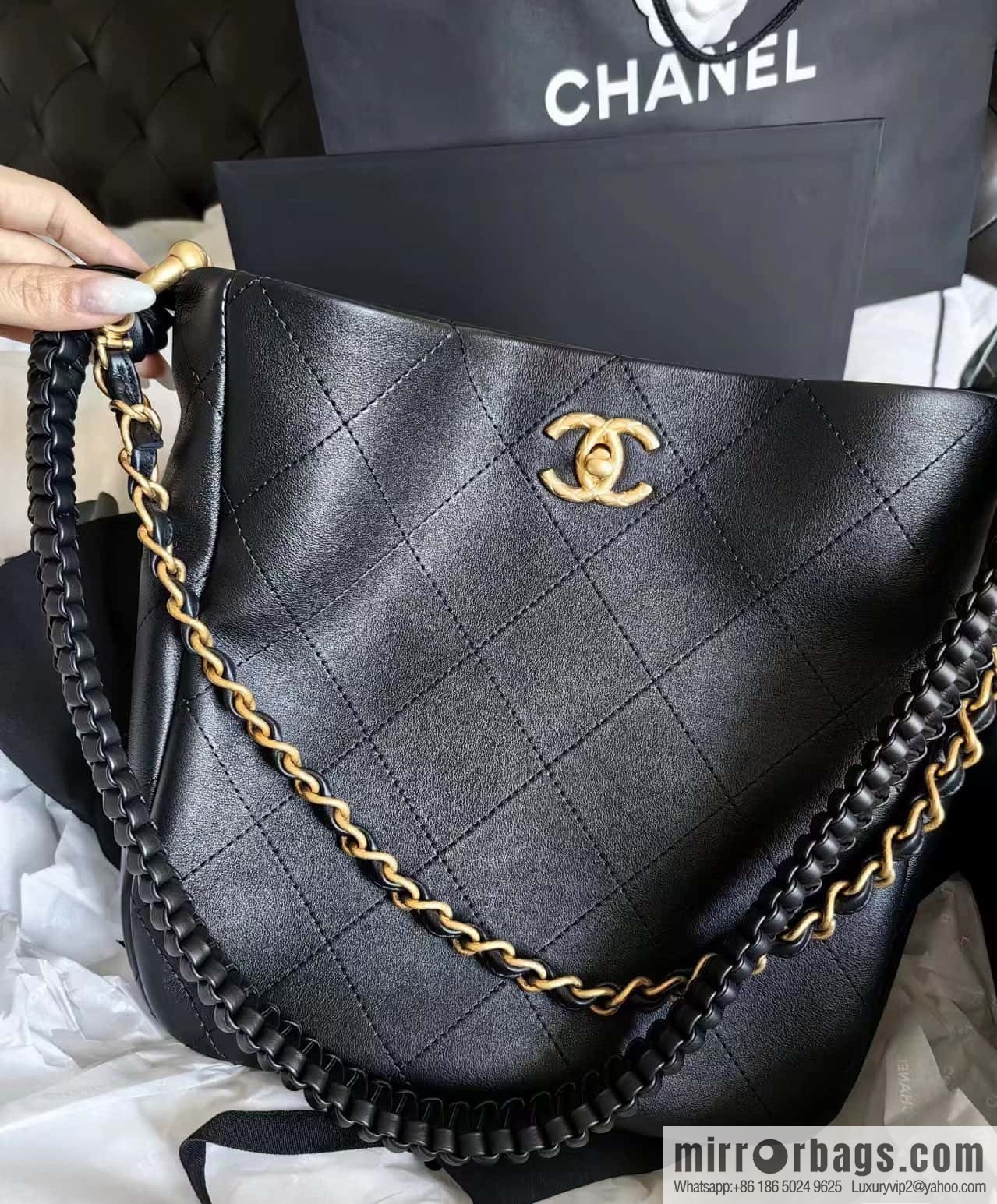 CHANEL 23A Premium Handicraft Collection, Woven Hippie Bag AS4210 black