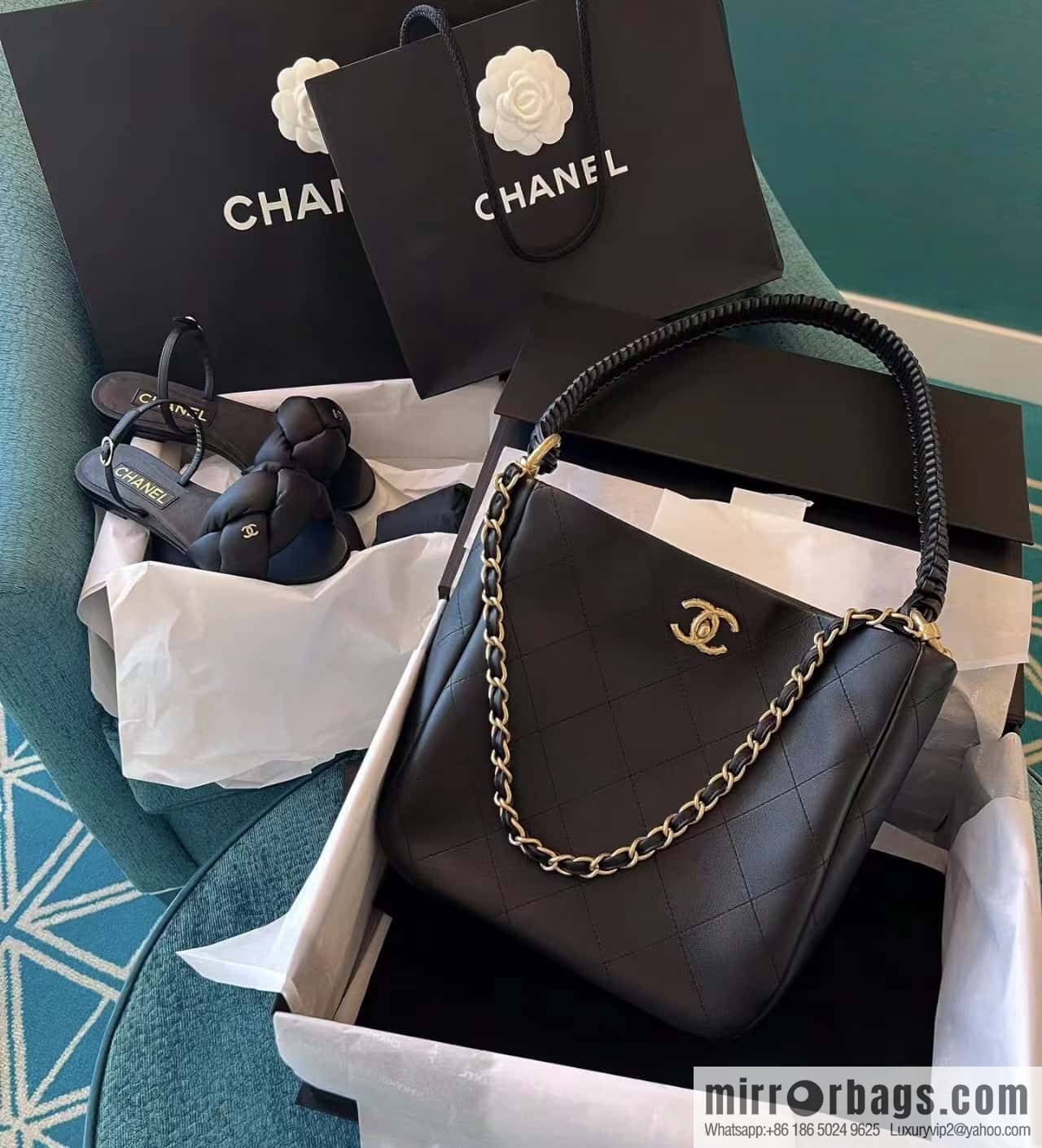 CHANEL 23A Premium Handicraft Collection, Woven Hippie Bag AS4210 black