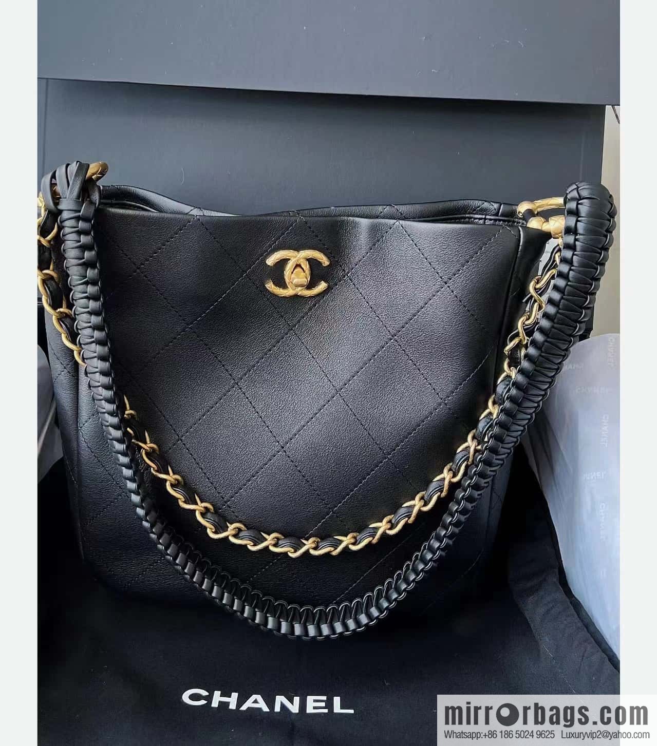 CHANEL 23A Premium Handicraft Collection, Woven Hippie Bag AS4210 black