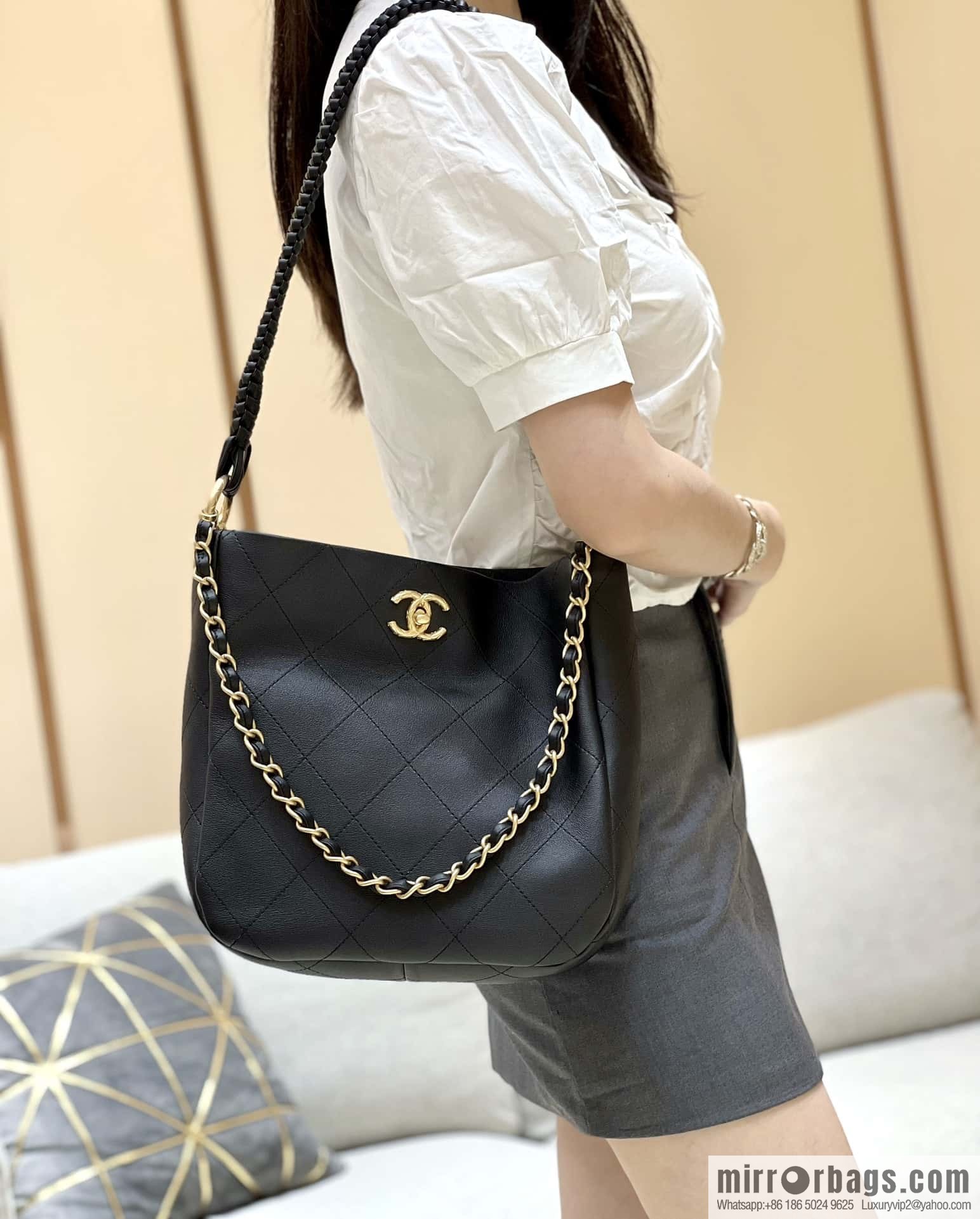 CHANEL 23A Premium Handicraft Collection, Woven Hippie Bag AS4210 black