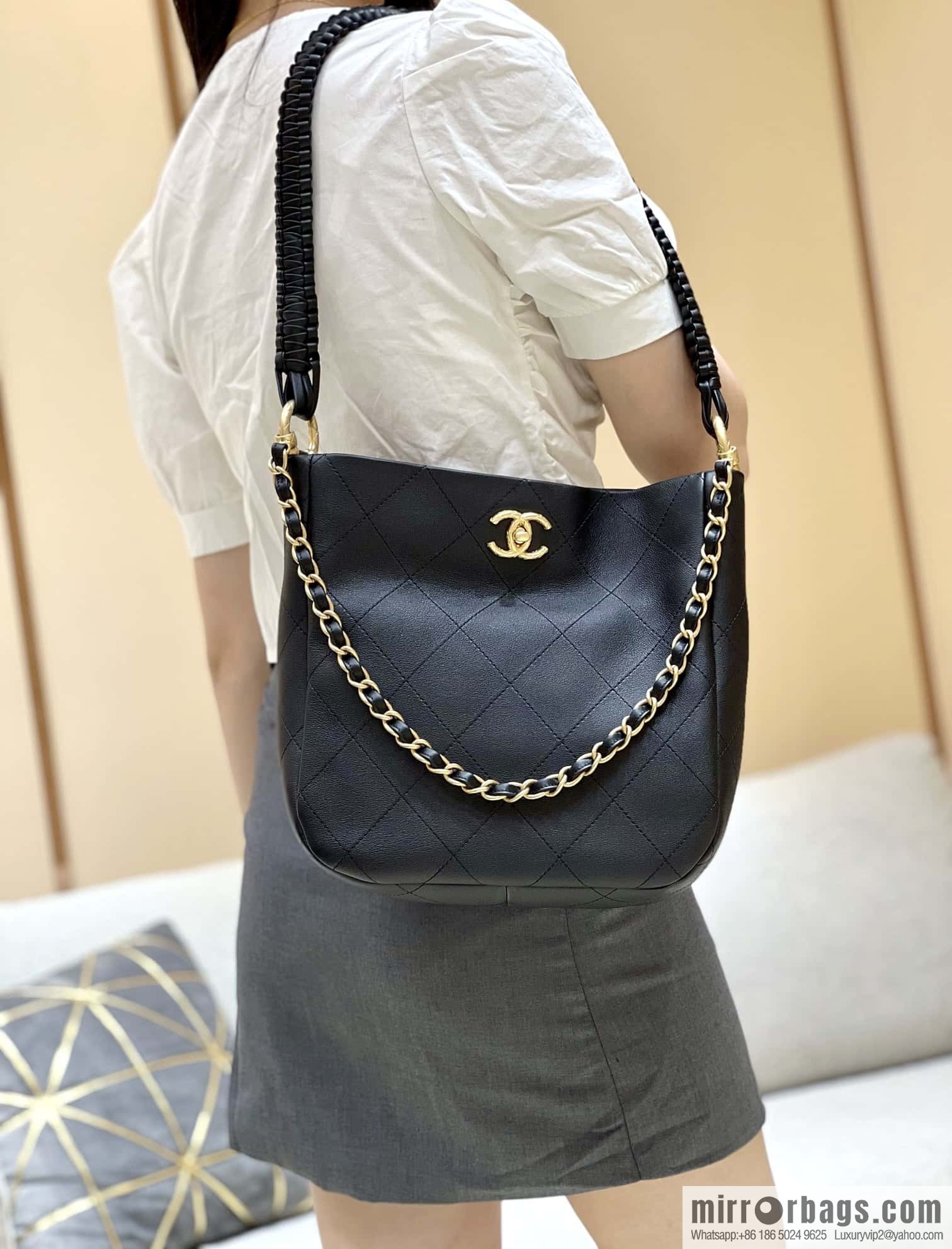 CHANEL 23A Premium Handicraft Collection, Woven Hippie Bag AS4210 black