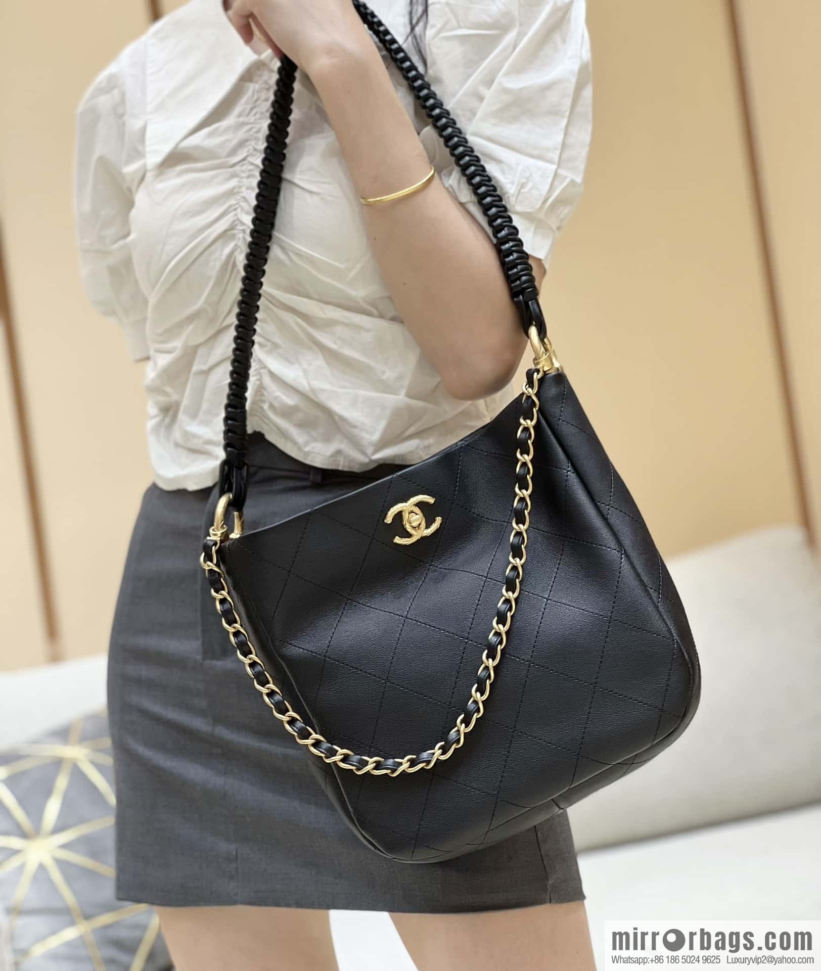 CHANEL 23A Premium Handicraft Collection, Woven Hippie Bag AS4210 black
