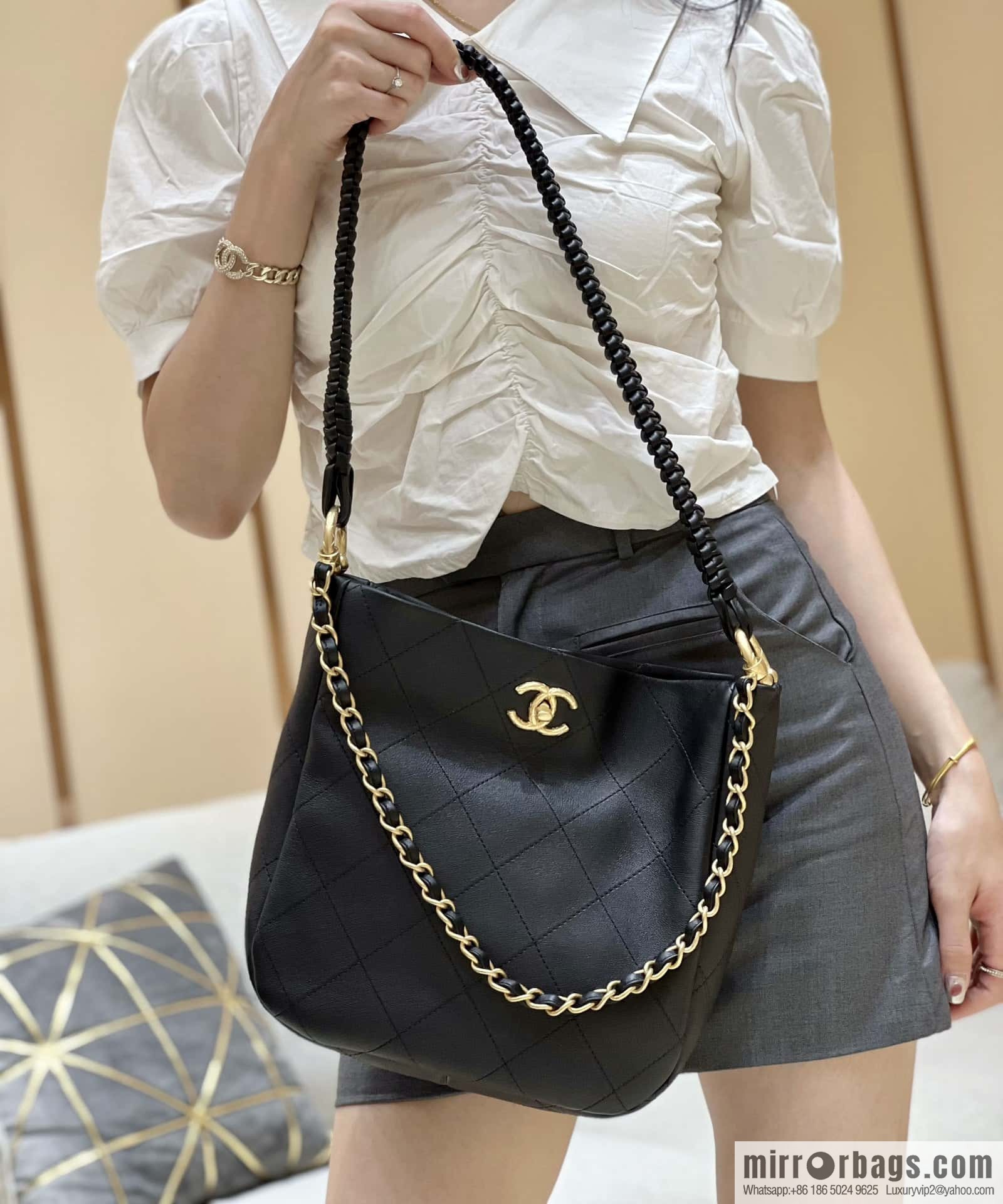 CHANEL 23A Premium Handicraft Collection, Woven Hippie Bag AS4210 black
